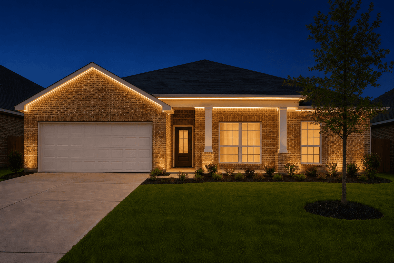 Same home at night with warm white edge lighting on